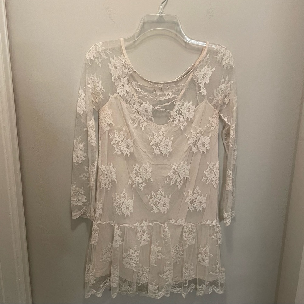 Free People Ivory lace Ruffled Mini Dress Tunic w/ Criss Cross Back Size S
